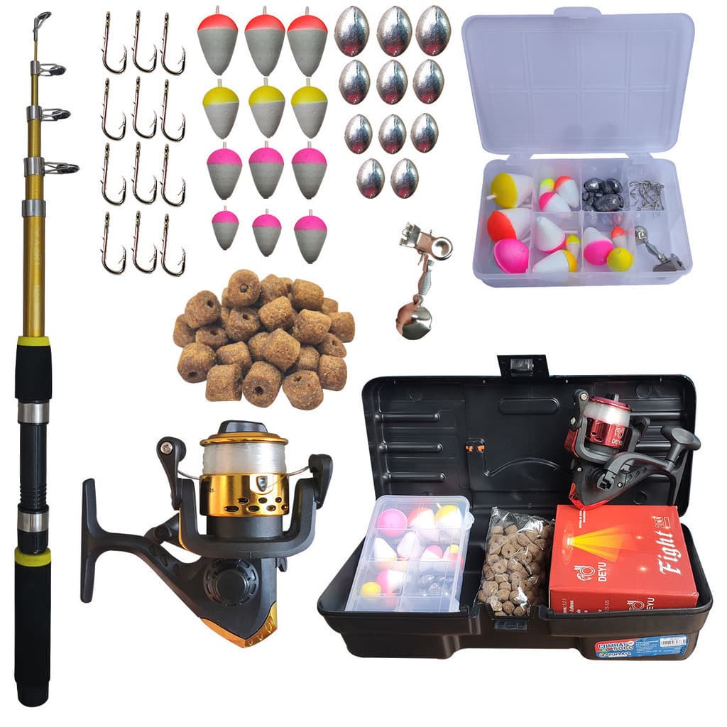 Kit Pesca Completo Infantil Vara Molinete Telescópica 1,50m Acessórios Anzol Chumbada Boias