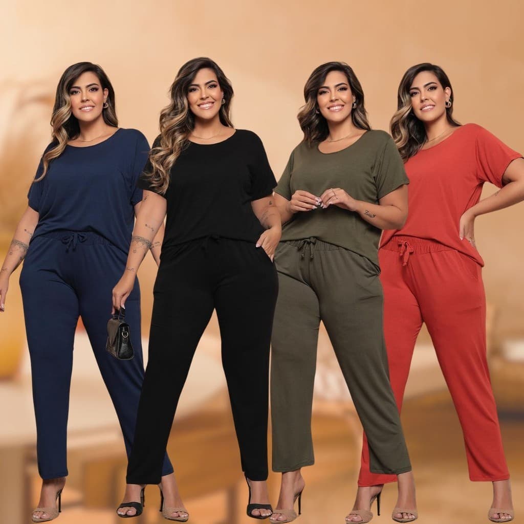 Kit 4 Conjuntos Plus Size Manga Curta Confortável Casual Premium
