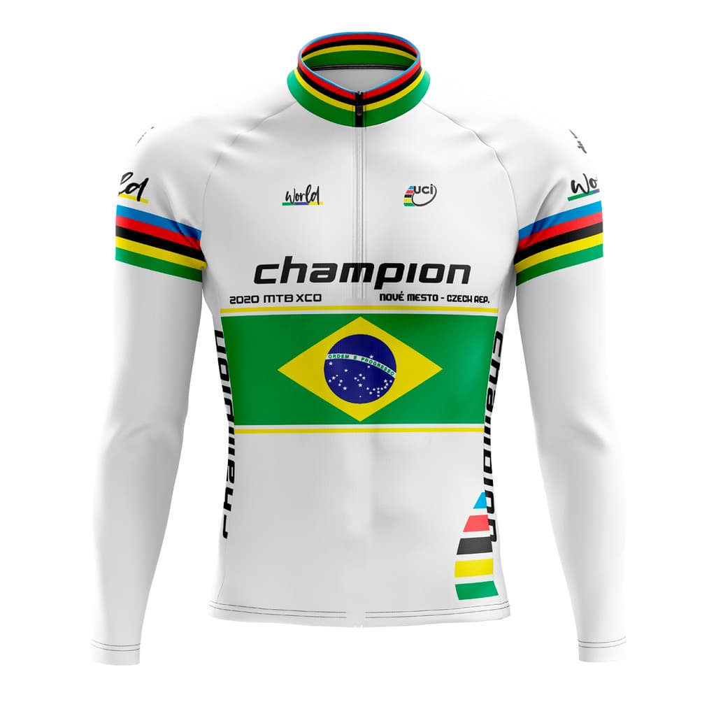 CAMISA CICLISMO MASCULINA MOUNTAIN BIKE MANGA LONGA PROTEÇÃO UV RKC SPORTS CHAMPION BRASIL BRANCA