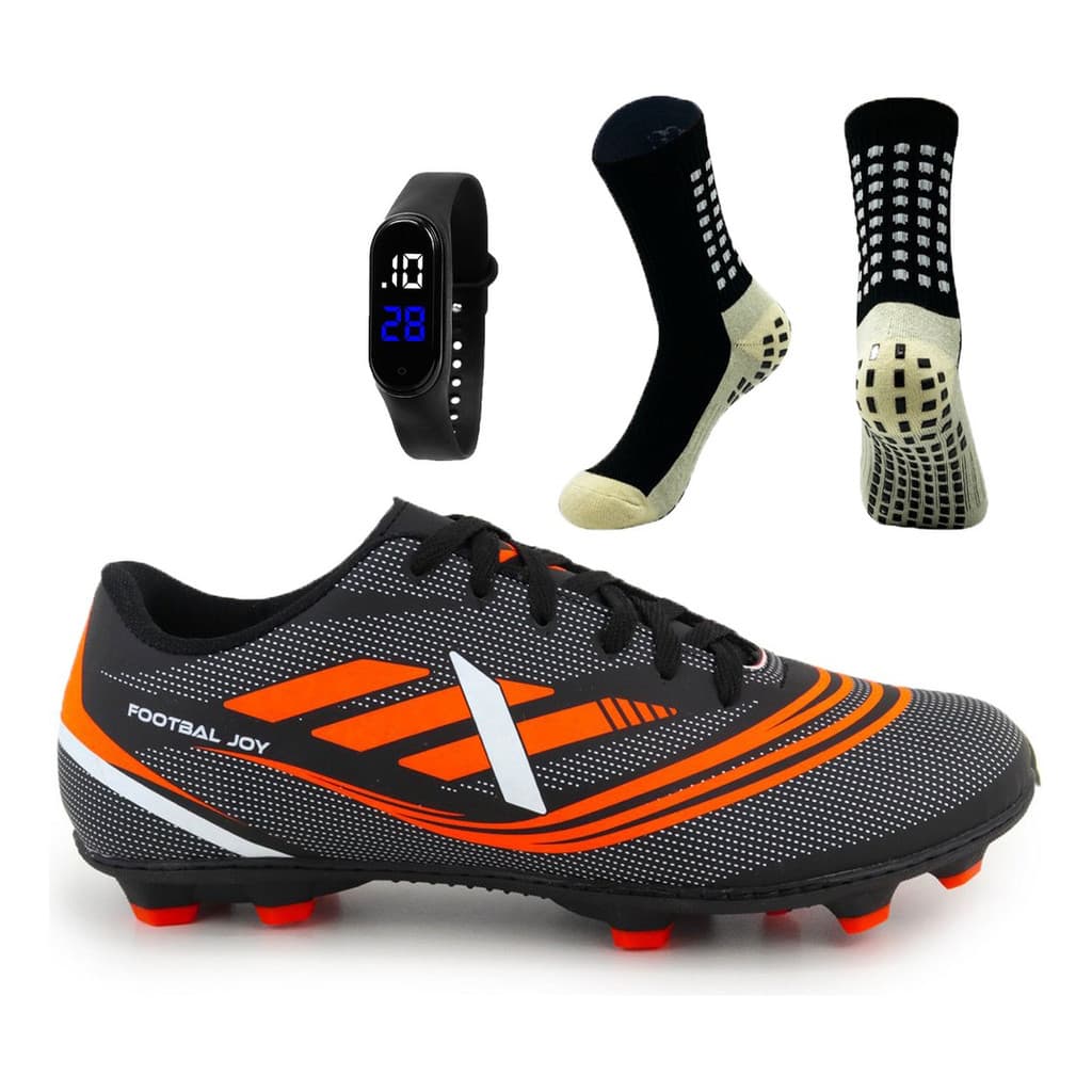 Kit Chuteira Campo Trava Meia Antiderrapante + Relógio FootbalJoy