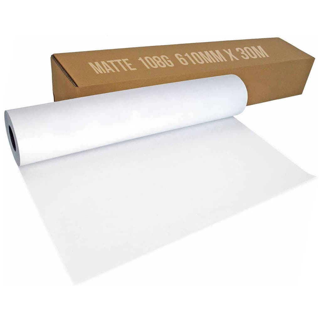 Bobina de Papel Matte para Plotter 108g 610mm x 30m Rolo de Papel Foto Branco Fosco Mundoware