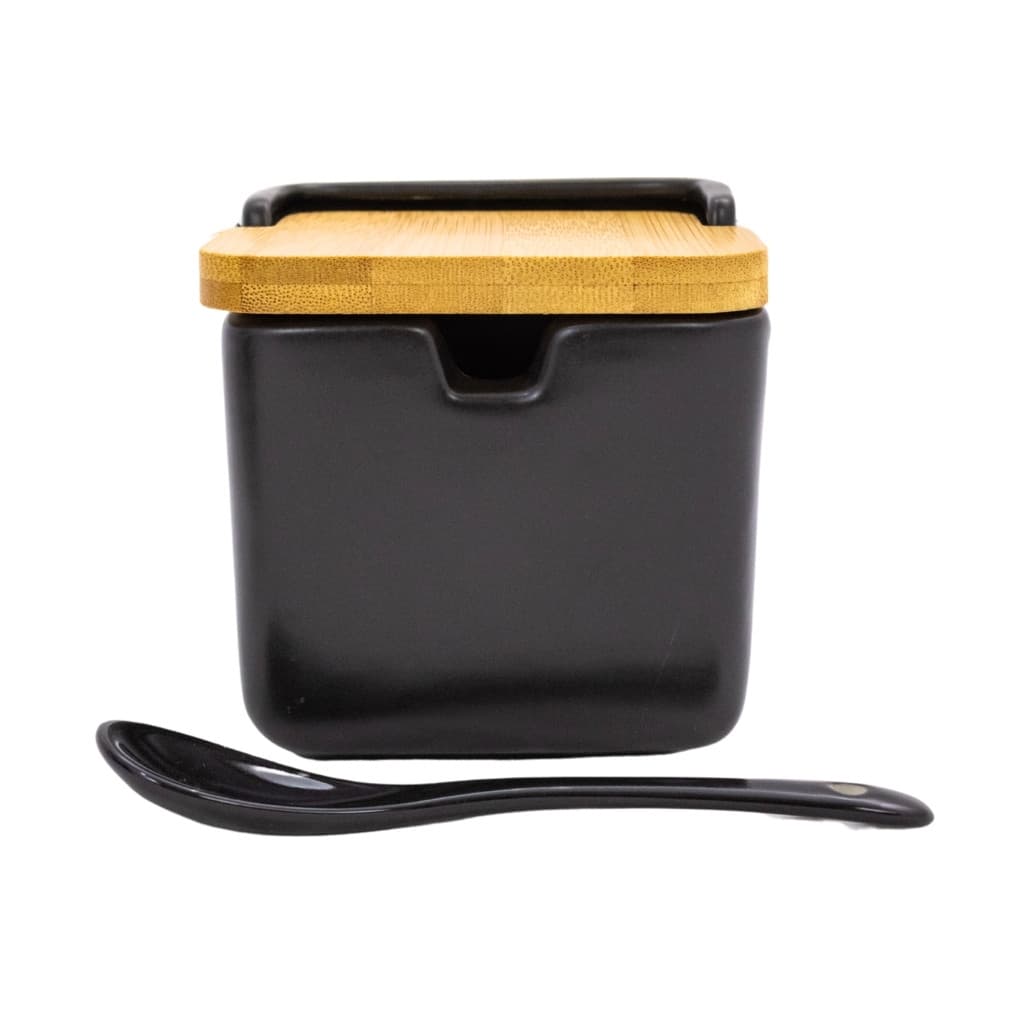 Saleiro Açucareiro 270ml Preto Luxo Manhattan Com Tampa Bambu E Colher Temperos Porta Sal Premium