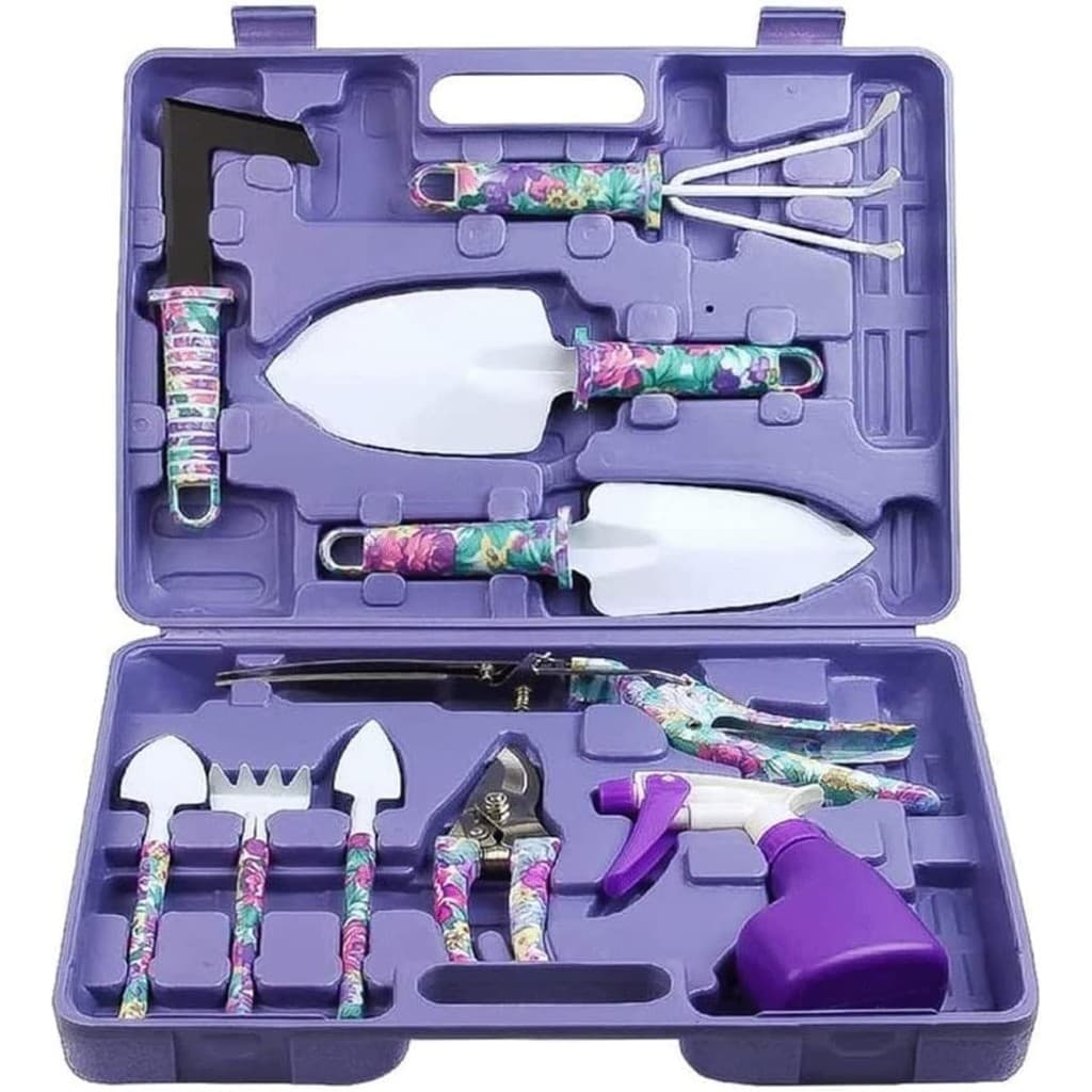 Kit jardinagem pro 10 peças metal maleta tesoura ancinho rastelo floral roxo