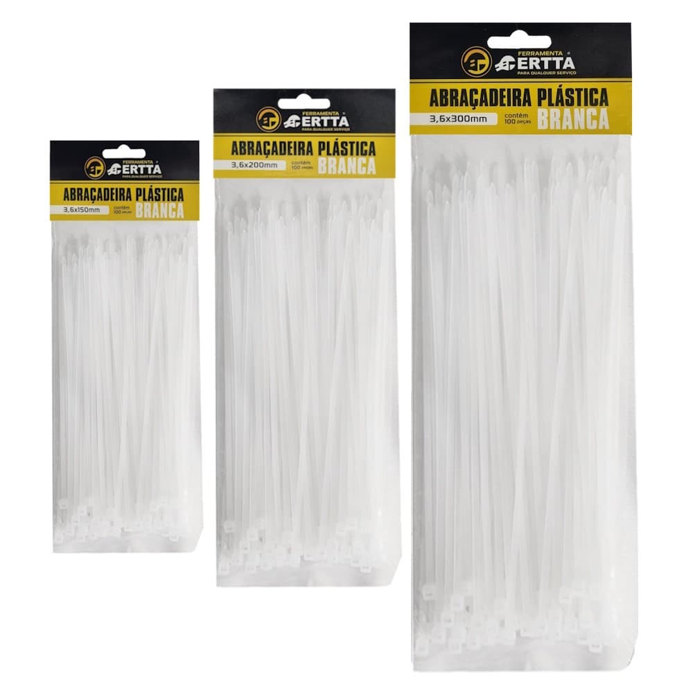 Kit 300 Fitas Hellerman Enforca Gato Cinta Plástica Abraçadeira Lacre de Nylon 15 20 e 30cm Brancas