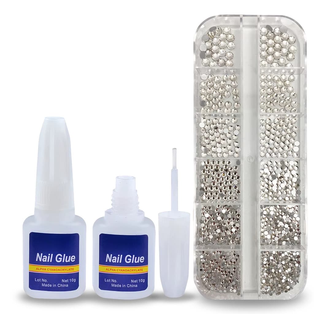 Kit Com 12 Strass Pedrinhas Brilhantes Unhas Nail Art + Cola Com Pincel Aplicador 10g