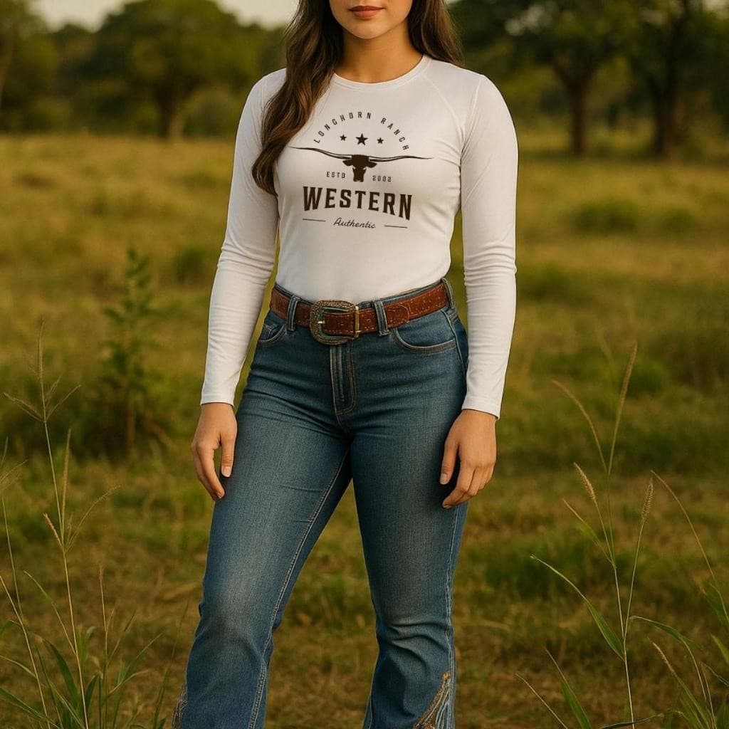 Camisa UV Feminina Country Western Manga Longa Térmica Algodão Proteção Solar Estilo Rodeio Cowgirl