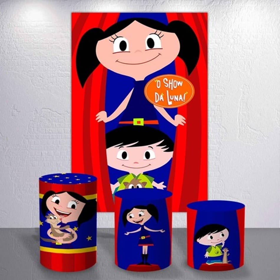 Capa Decoração Infantil Luna Incrivel Show Painel de Festa Com Trio de Cilindro Redondo e Retangular