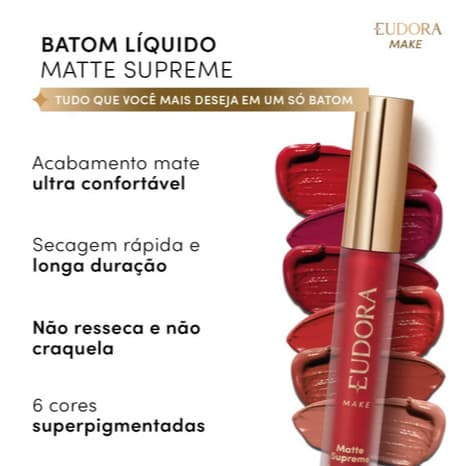 Batom Matte Supreme 4ml  de Eudora Glam batom líquido mate e confortável