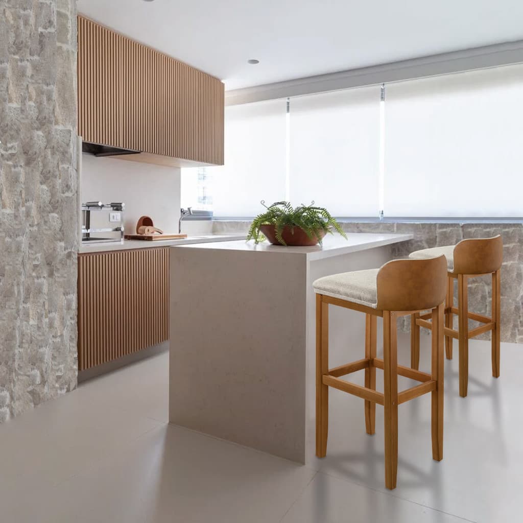 Kit 2 Banquetas Luxo Alta Onix - Base em Madeira Maciça - Estofado em Linho Com Composê no Corino - Morrom