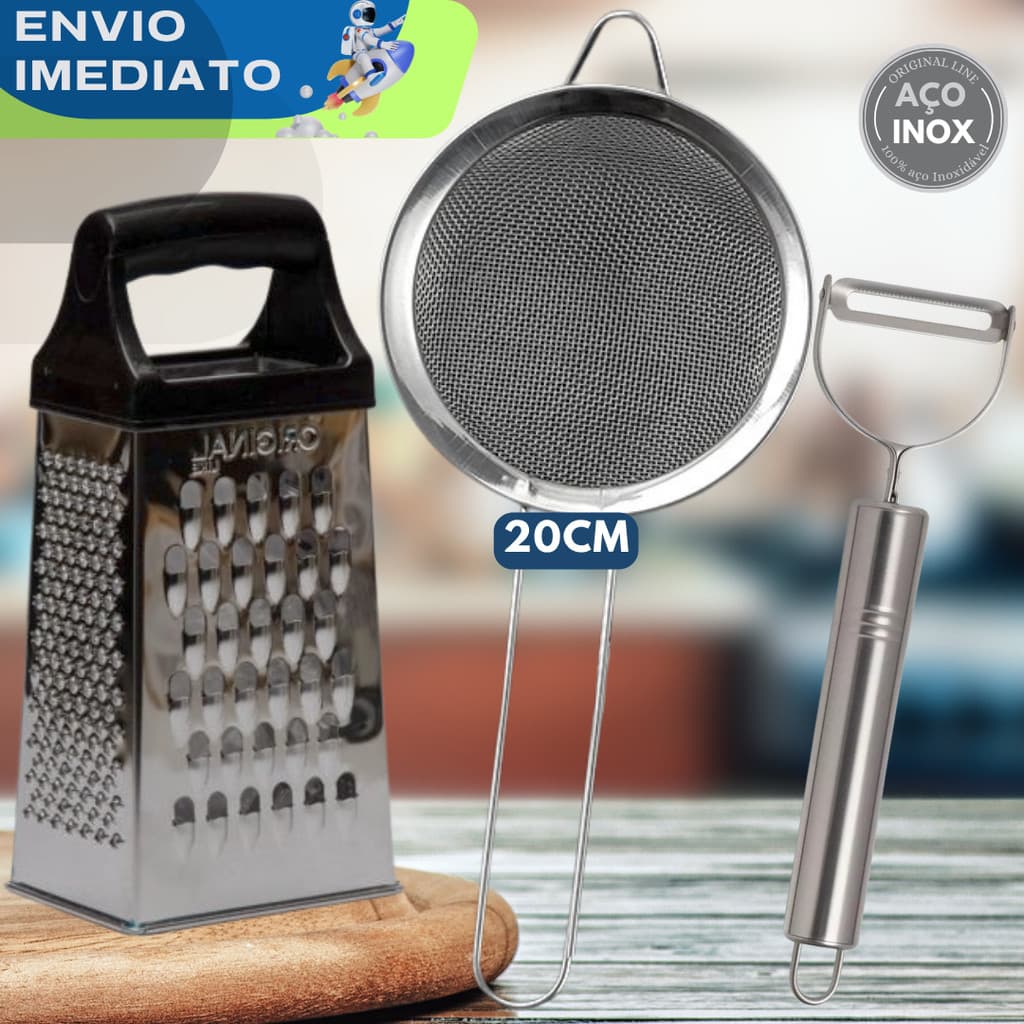KIT 3 Utensílios Inox Ralador Descascador Legumes Peneira 20cm Qualidade Premium Cozinha Restaurante Casa Buffet