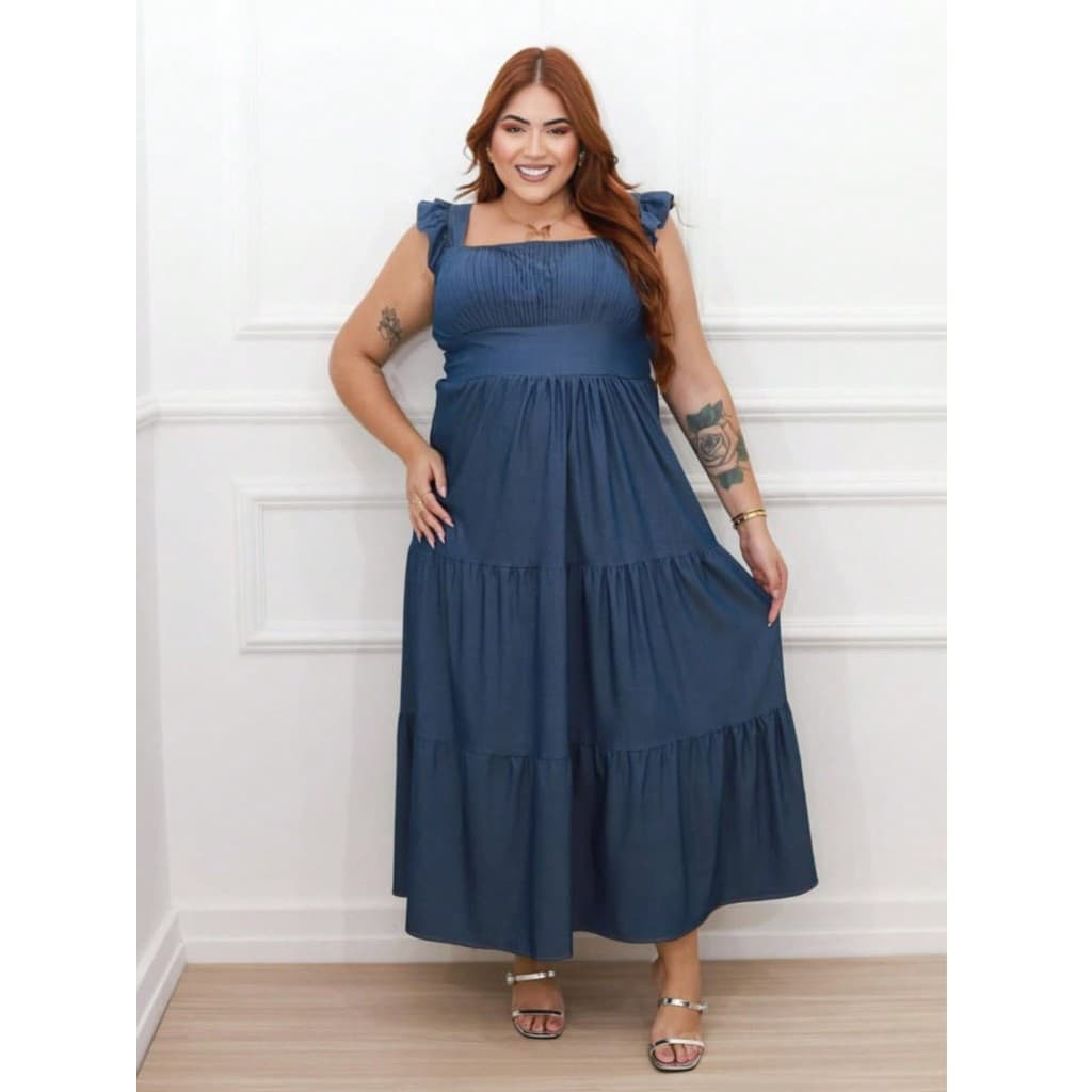 Vestido longo luxo plus size chambray imitação jeans com babada na manga