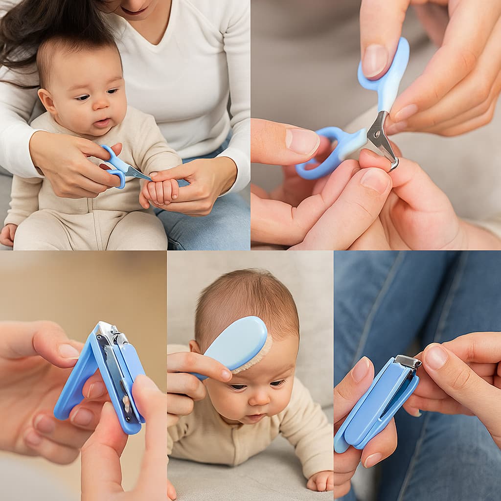 Kit 06 Peças Higiene Cuidados Tesoura Toalha Alicate Lixa Bebê Cortador Limpeza Escova