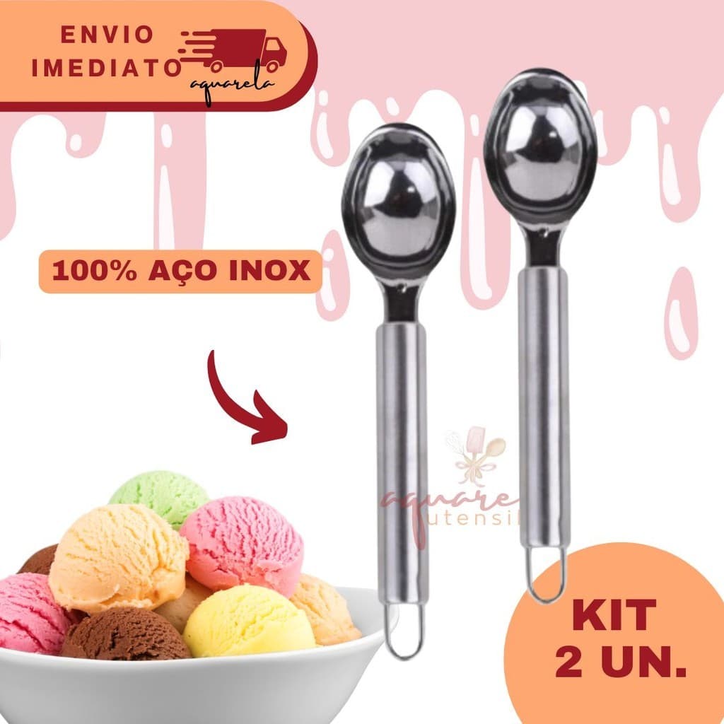 Kit 2 Colher Pegador De Sorvete Açai Aço Inox Prata Sorveteria Gelato Massa