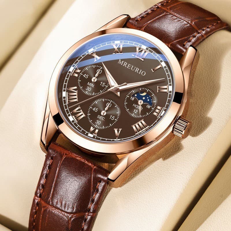Relógio de Quartzo Masculino - Pulseira de Couro com Numerais Romanos, Estilo Corporativo