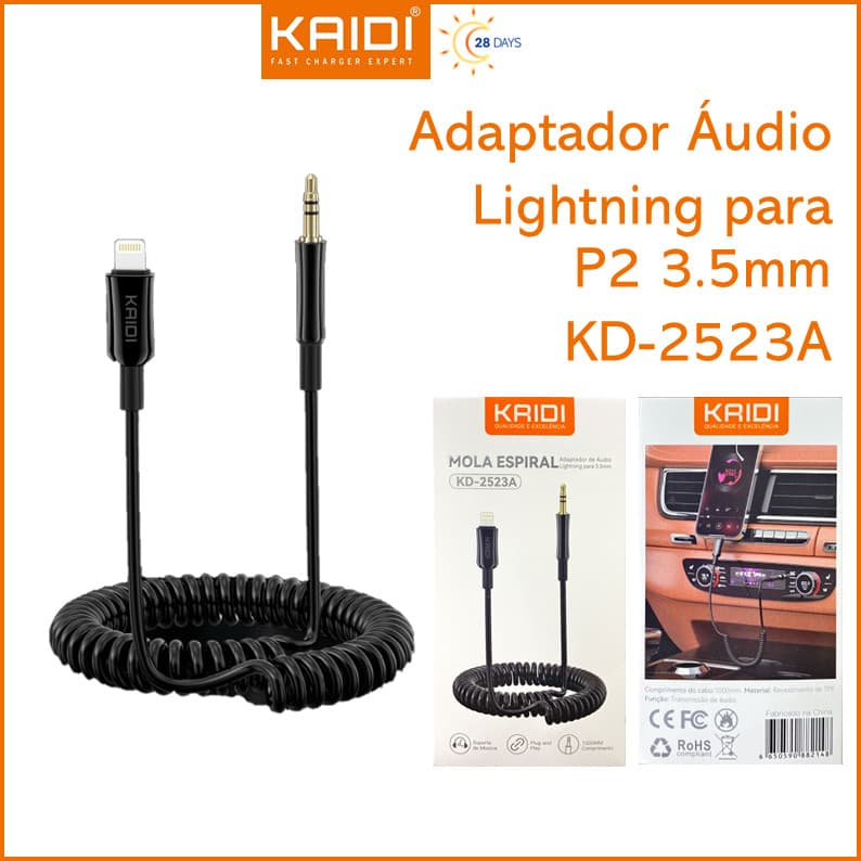 Cabo adaptador de Áudio Lightning iPhone para P2 Fone Mola Espiral KAIDI KD-2523A