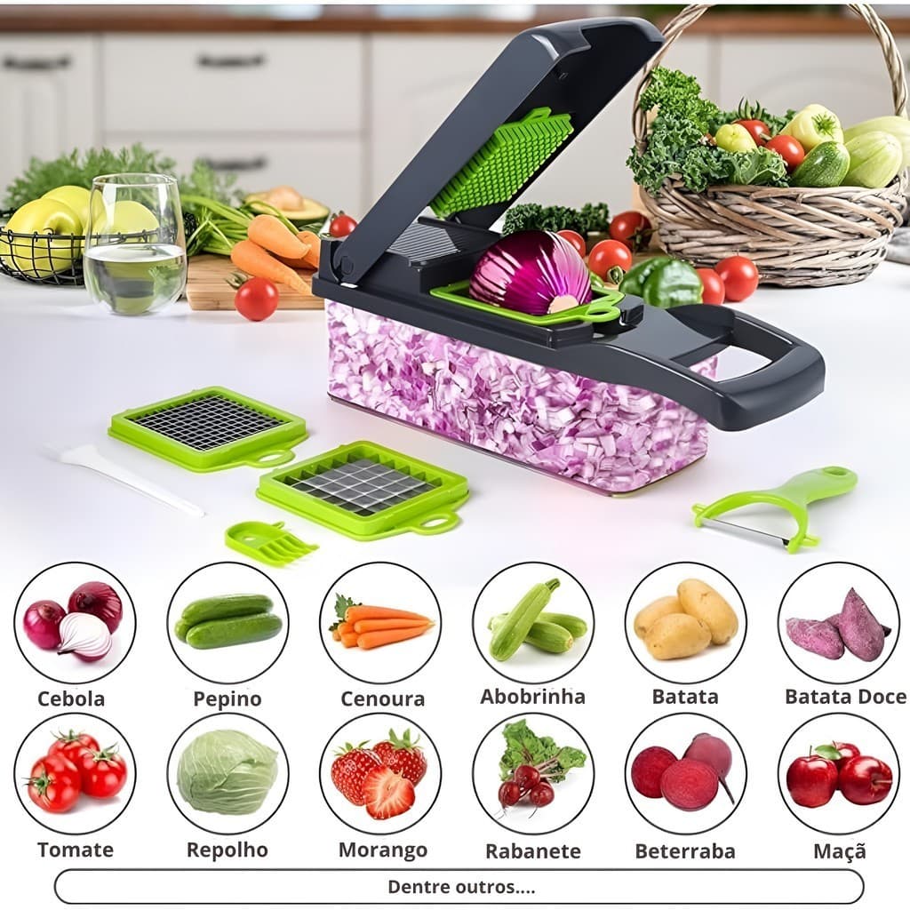Cortador Fatiador vegetais 16 em 1 lâminas Cesto Recipiente / Cortador Fatiador vegetais 9 em 1
