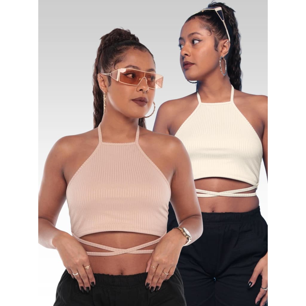 Cropped Feminina Alça Regata Canelada Amarração