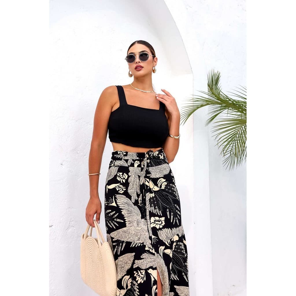 CYNDRA Blusinha Top Cropped Ribana Duplo Busto Alça Grossa Feminina Passeio Carnaval