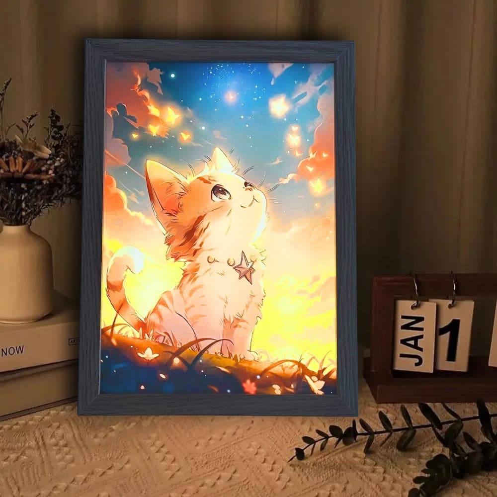 Quadro Gato Céu Estrelado - 23 x 17cm  LED 5V USB Luminária Abajur Decoração Quarto