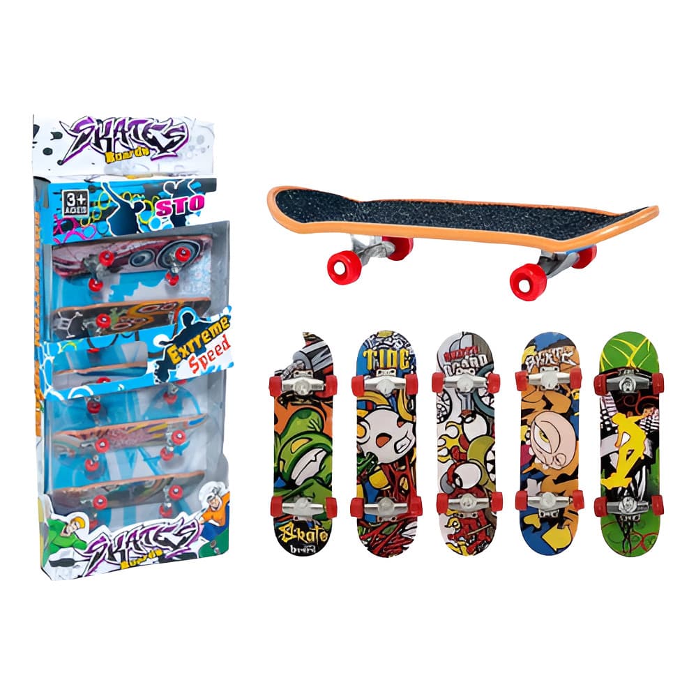 Kit 5 Skate De Dedo Fingerboard Mini Com Lixa Truck Metal
