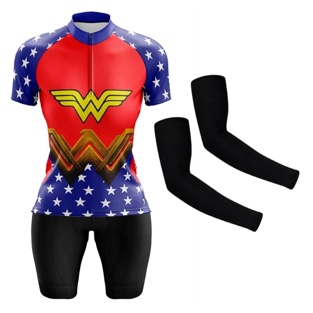 Conjunto Ciclismo Feminino Camisa Bermuda Forro Espuma Manguito Mountain Bike Rkc Mulher Maravilha