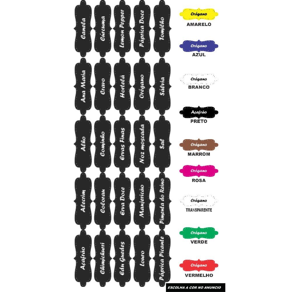CARTELA TEMPERO 25 ETIQUETAS ADESIVO AUTO COLANTE ROTULO 6X2 CM A PROVA DE AGUA PARA POTES RECIPIENTE MANTIMENTOS CONDIMENTOS ORGANIZAÇÃO  E BELEZA PARA SUA COZINHA COR AMARELO AZUL PRETO MARROM ROSA VERDE VERMELHO TRANSPARENTE BRANCO