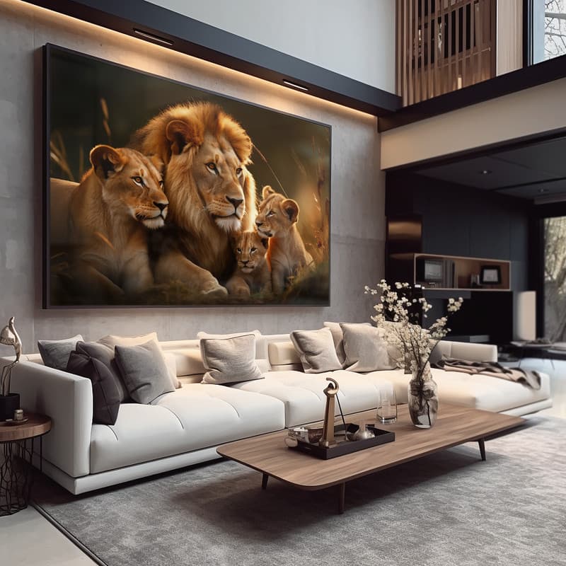 Quadro Decorativo 110x80cm  Família de Leões com 2 filhotes Hall da Luxo Sala Quarto Casa Decoração De Parede Adesivo
