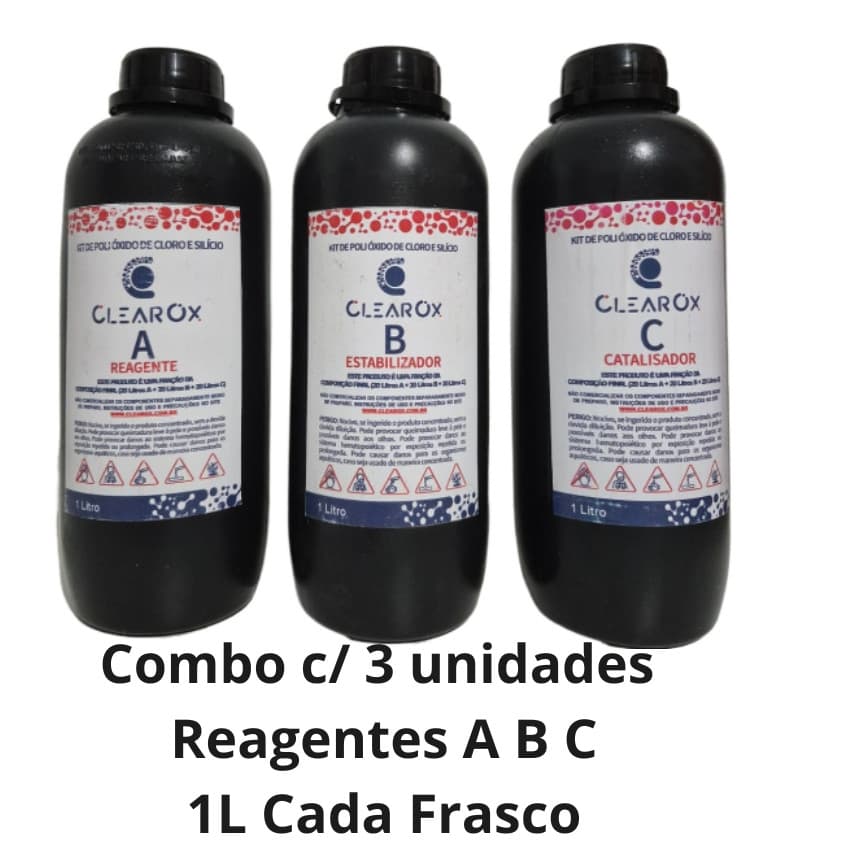 Oxidante de Ação Biocida CLEAROX Kit c/ 3 Reagentes A - B - C - 1L Cada Reagente