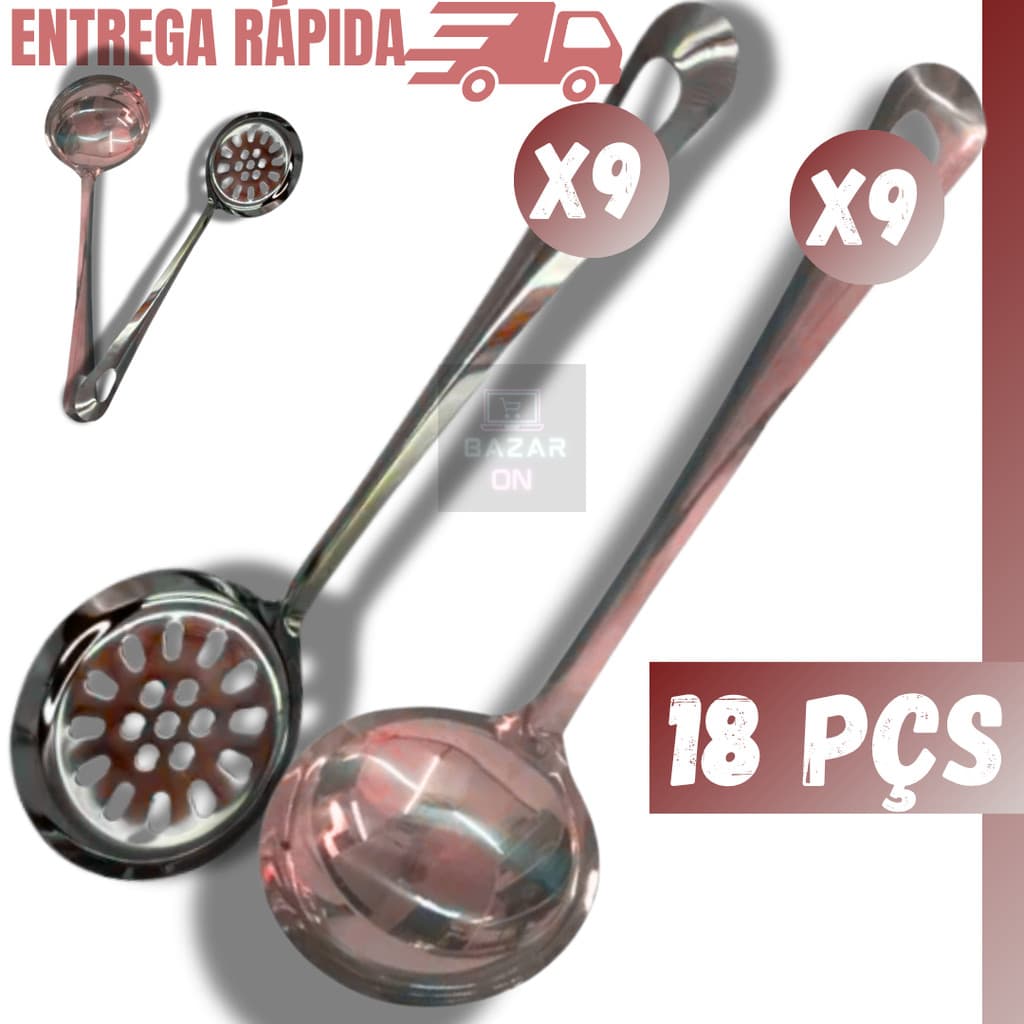 Kit 18 Peças Concha Feijão + Escumadeira Fritura Arroz Utensílios Aço Inox Jogo Cozinha Completo