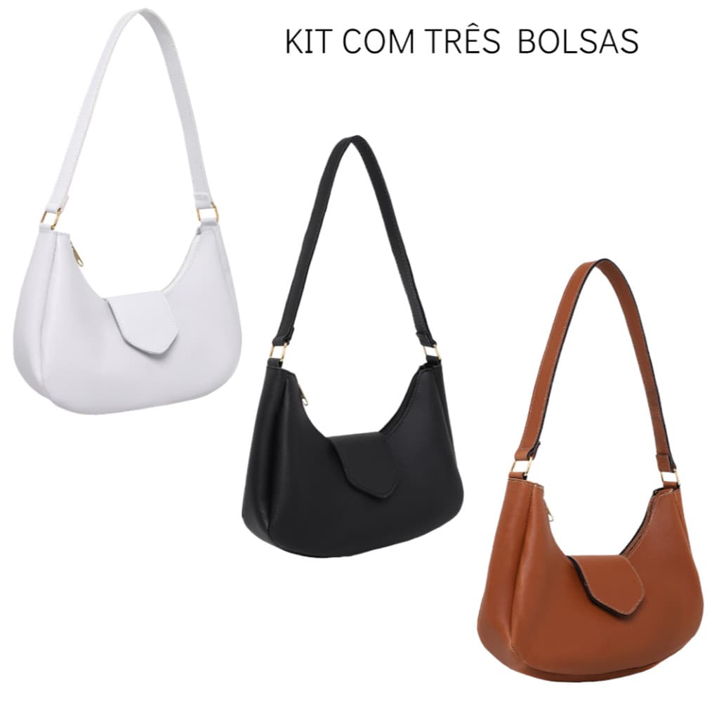 kit Com Três Bolsas Femininas Meia Lua Lisa Baguete De Ombro Lindas e Barata