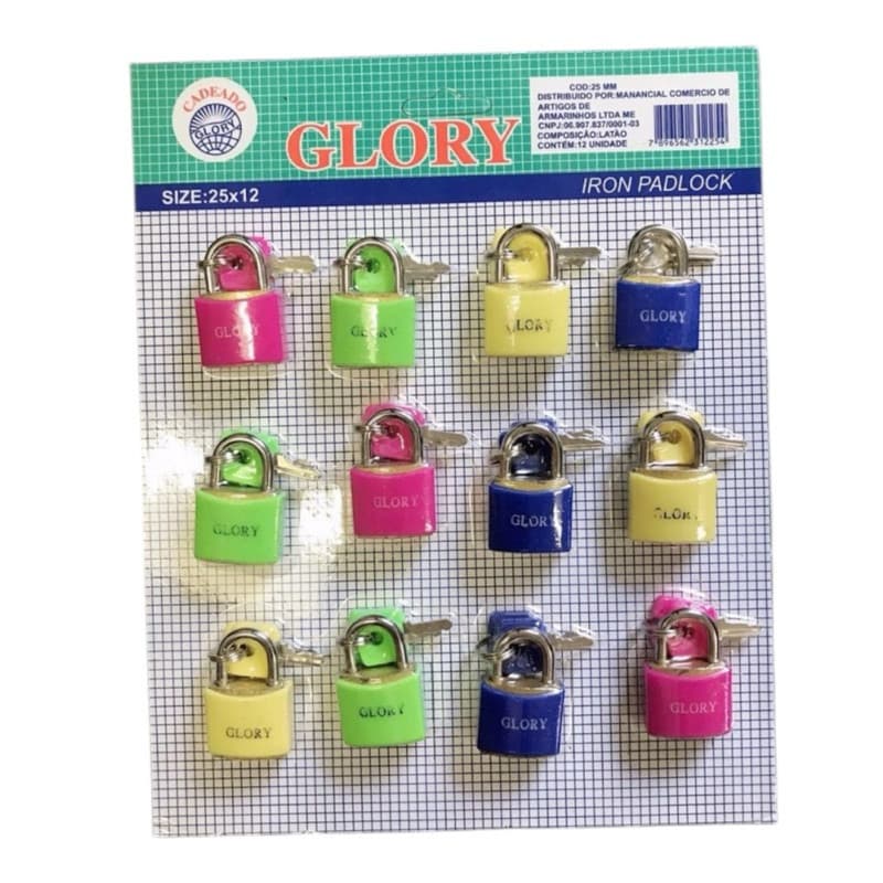 Cadeado Glory 25mm colorido academia viagem armario Cartela Com 12 Pecas