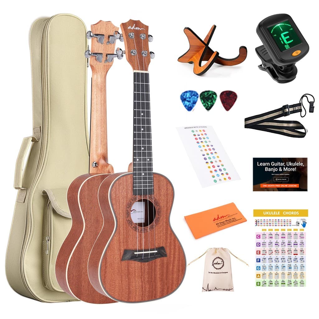 Kit de ukulele ADM Concert, conjunto de ukulele para iniciantes em mogno de 23" - inclui bolsa para show, afinador, cor