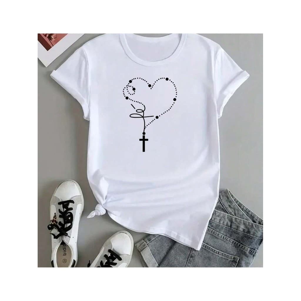 camisa feminina  terço fe coraçao algodao