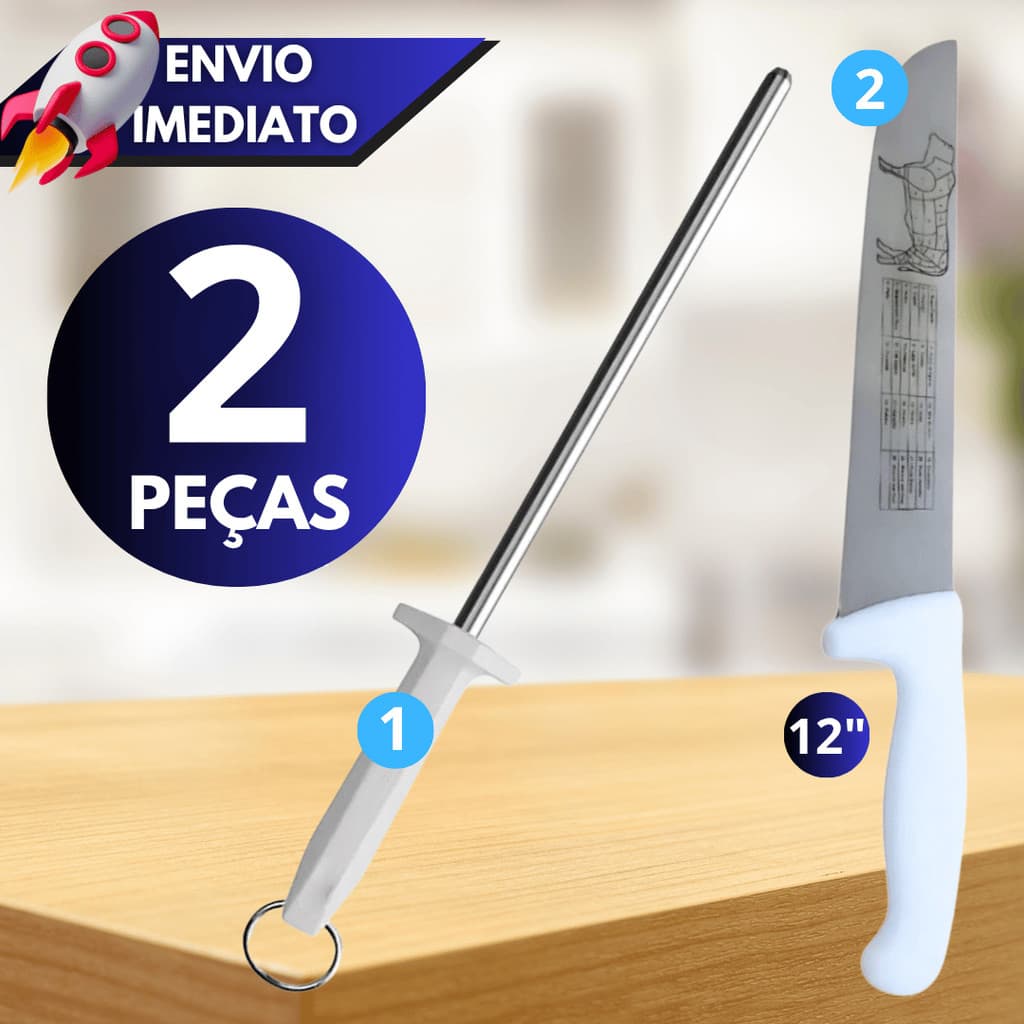 Kit Chaira + Faca 12 ou 8 Polegadas Aço Inox – Atacado Ideal para Cozinhas Ideal para Carnes e Churrascos.