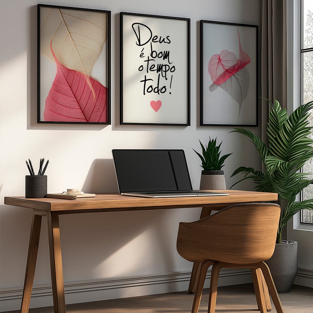 Kit 3 Quadros Decorativo Folhas Secas Rosa Bege Textura Delicada Natureza Minimalista Com Moldura