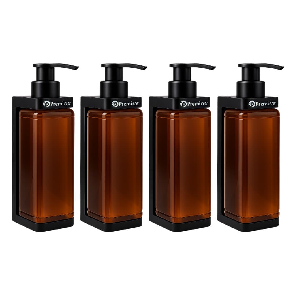 Kit 4 Frascos Plástico Âmbar 400ml Suporte de Parede Box Banheiro Banho Shampoo Condicionador Sabonete líquido Hotel