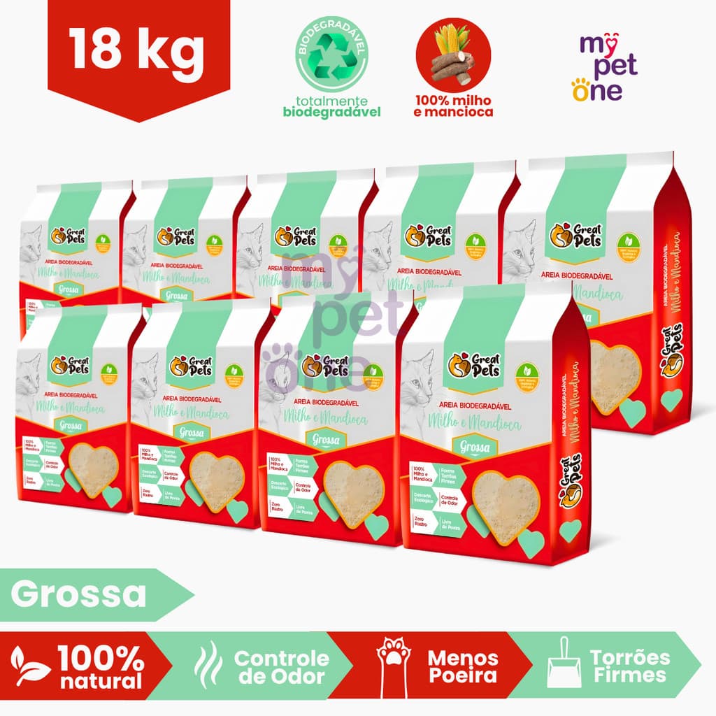 Kit 9 Areia Biodegradável Grossa Great Pets para Gatos - 2 Kg