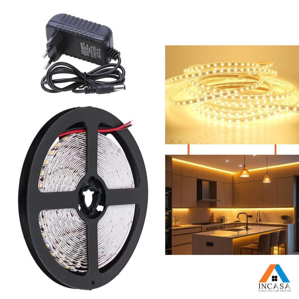 Kit 3un Fita Led Branco Quente Rolo 5m 60 Leds + 1un Fonte 1A 12V Bivolt