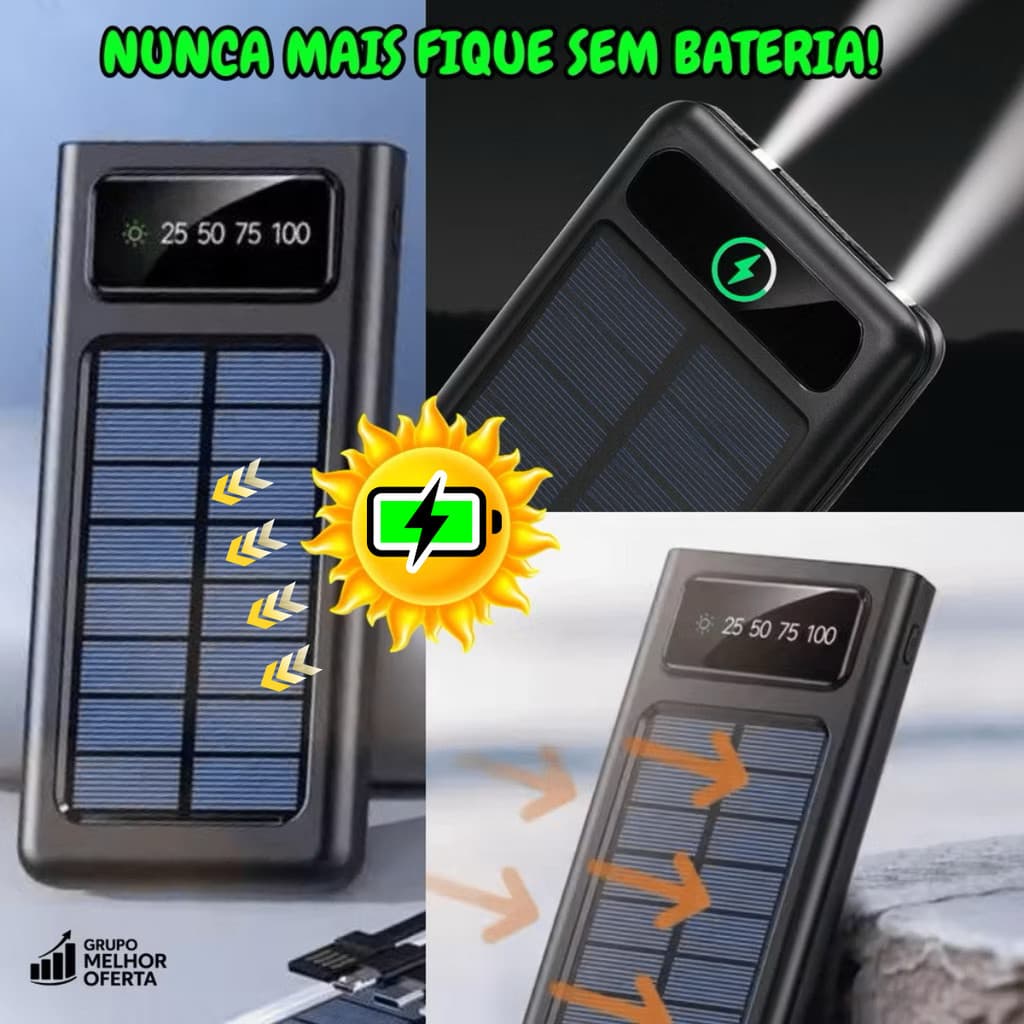 Power Bank Carregador Solar 20000 mAh Rápido 10000mAh 4 Cabos lanterna LED Display Digital 3.1A