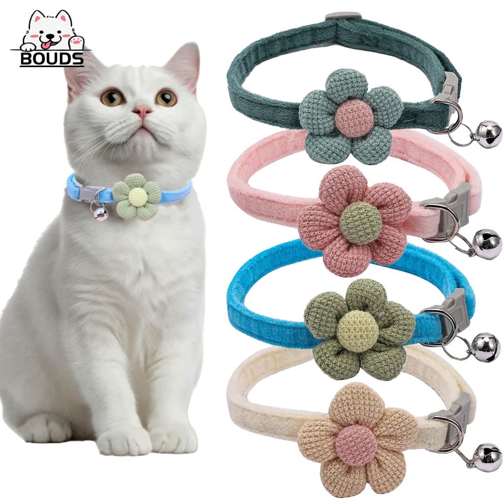 Coleira Pet de Veludo Cotelê com Flor de Tricô e Sino, Ajustável com，para Gatos e Cachorros Pequenos