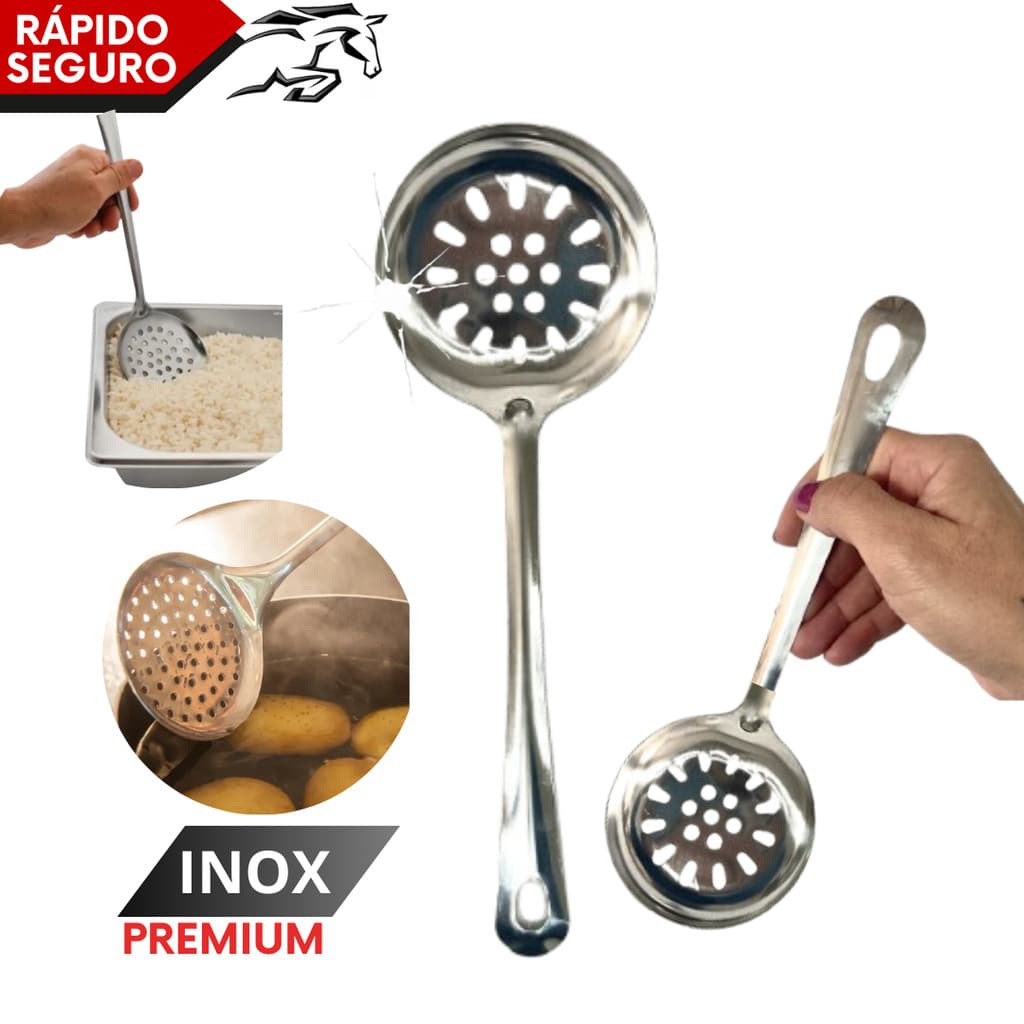 Escumadeira Pequena 26cm Aço Inox Premium Resistente para Escorrer Fritura