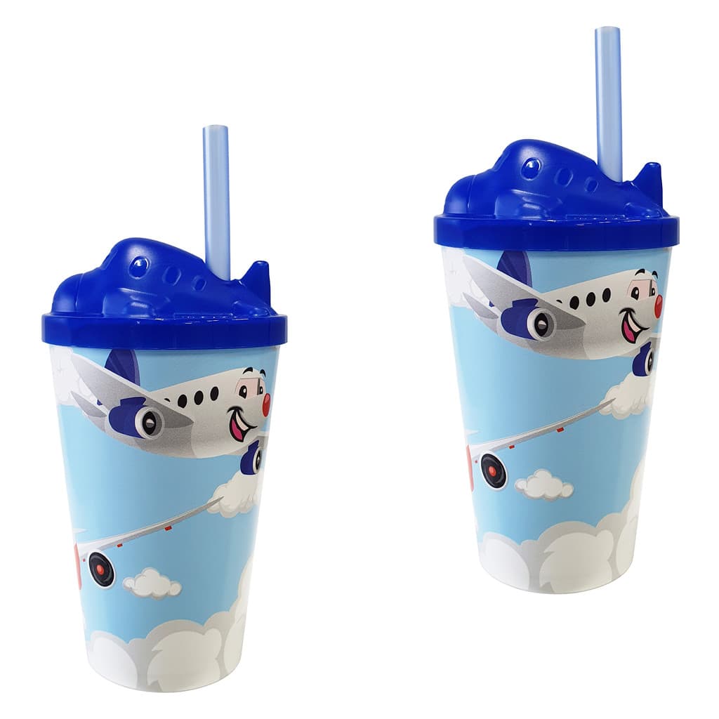 Copo Infantil 2pçs Com Canudo e Tampa Vários Temas Toys 350ml Atóxico Copos Infantis