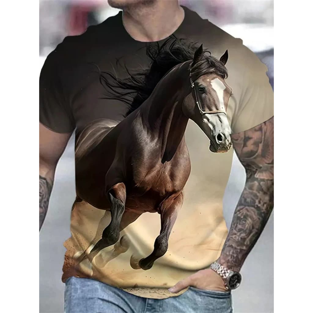 Moda Cavalo Gráfico T Camisas Para Homens Verão 3D Animais Impresso Tripulação Pescoço Camisetas Legal Streetwear Solto