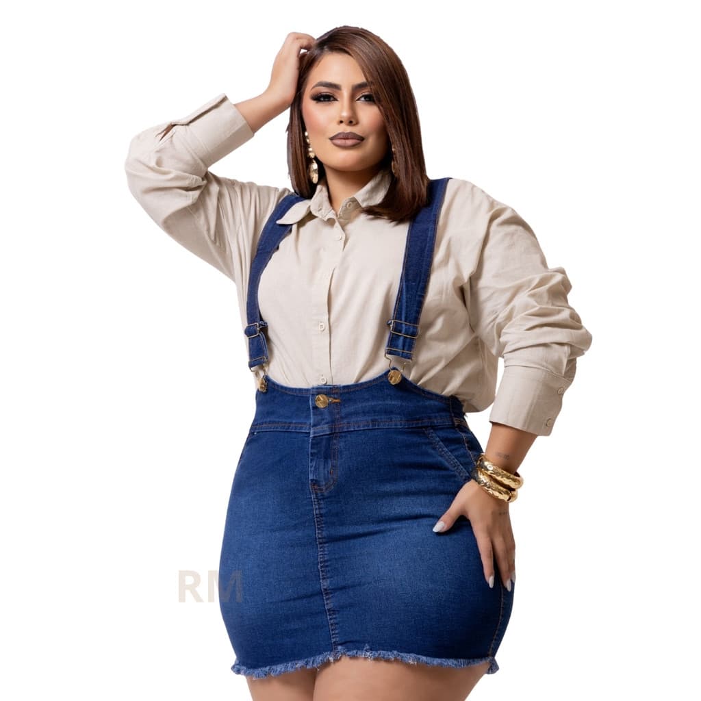 Jardineira Salopete Saia Jeans Feminina Macaquinho Plus Size C/ Lycra ( Azul ) Moda Feminina