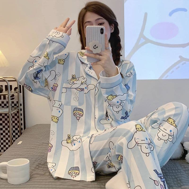 Versão Coreana Bonito Jade Cão Pijamas Feminino Novo Estudante Listra Manga Longa Exterior Casa Roupas Terno