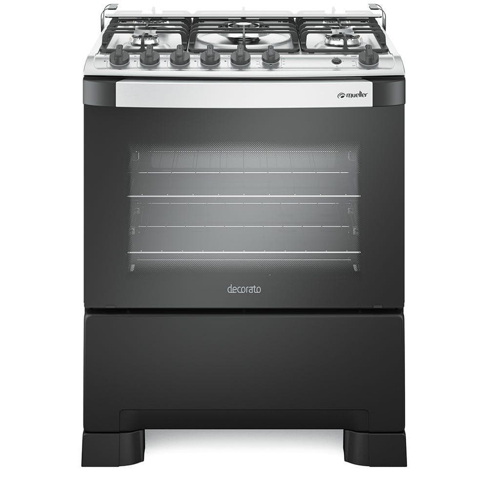 Fogão Mueller 5 bocas Decorato Gourmet Preto Fosco com Timer e Tripla Chama