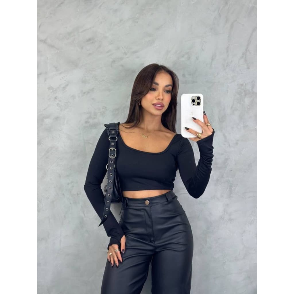 Calça Couro Fake Feminina Wide Leg Cintura Alta Pantalona Preta PU Premium Modela Corpo