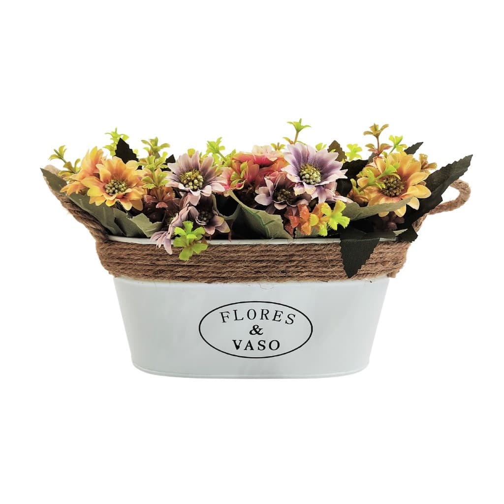 Cachepo Arranjo Flores & Vaso Floreira Metal Branco E Alça De Corda