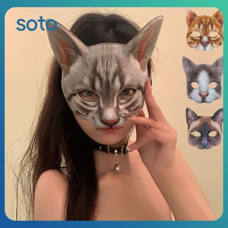 SOTO Halloween Cosplay Máscara Gato Crianças Rosto Meia Cobertura Facial Festa Brincando Adereços Animal Peludo Adulto Traje Festa Máscaras De Animais