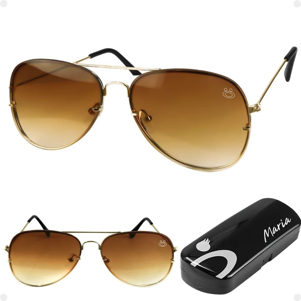 oculos sol feminino marrom aço inoxidavel aviador + case presente lente marrom moda masculina casual